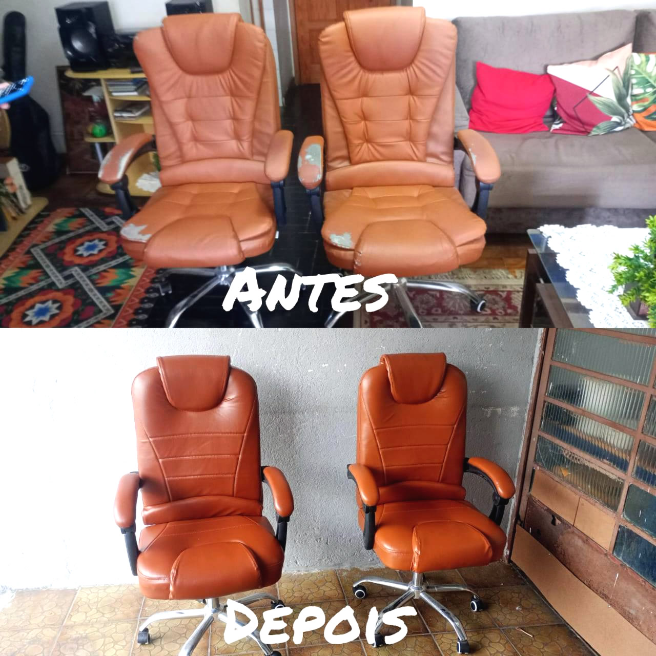 Reforma de cadeira escritório troca estofado antes e depois recapeamento